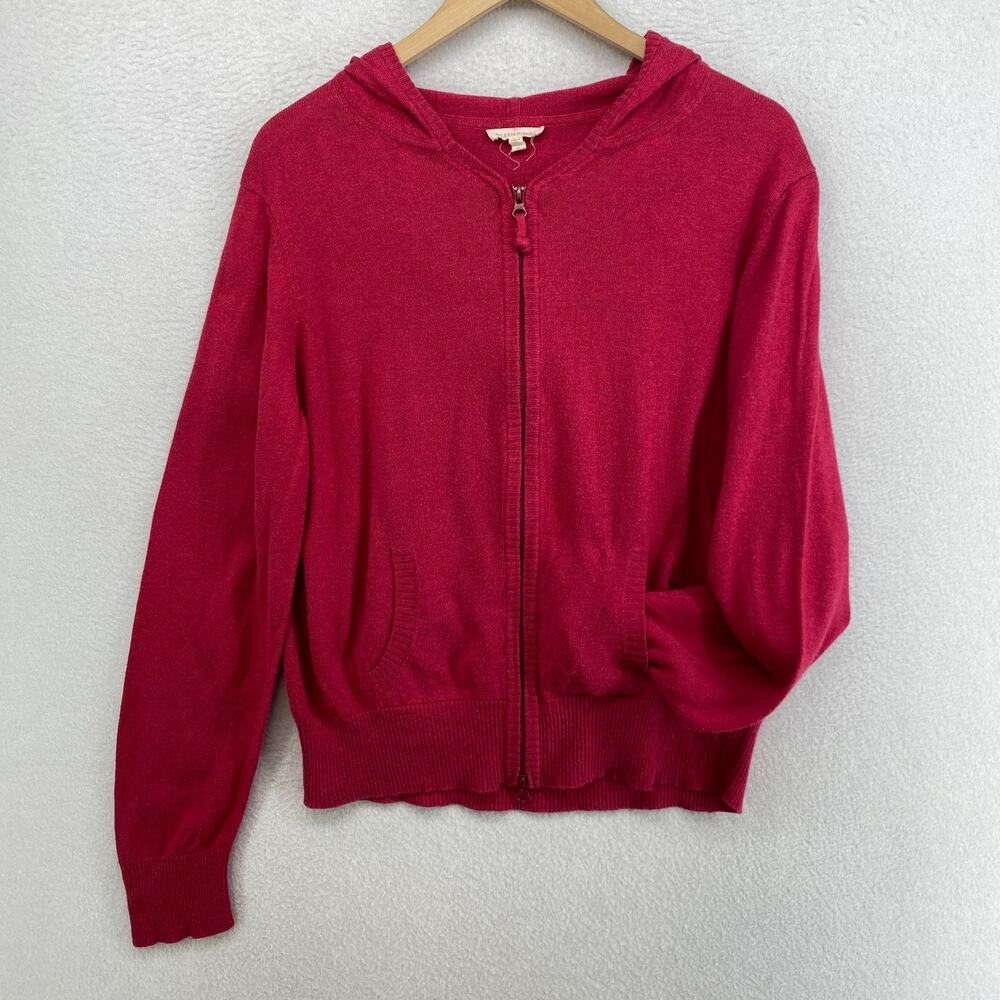 EILEEN FISHER Sweater XL Organic Cotton Hoodie 2 Way Zip Cardigan Berry Red